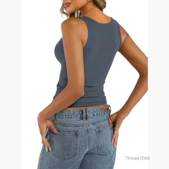 Ribbed Cotton Tank Top Square Neck Fitted Summer Cami Thin Straps - Picture 4 of 7